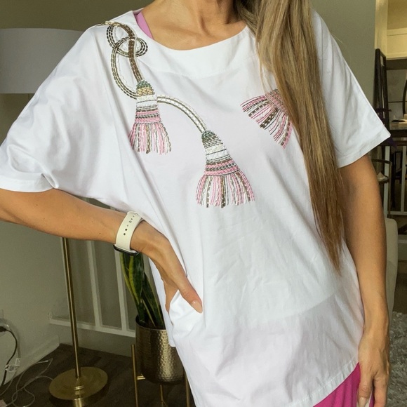 Leo & Ugo Paris White Pink Round Neck Embellished Women's Top Cap Sleeve Shirt L - Picture 3 of 11